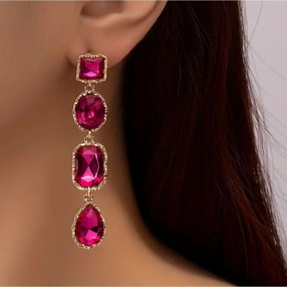 Pink & Gold Rhinestone Dangle Earrings - Picture 1 of 3